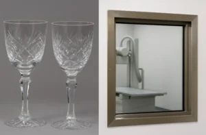 Copas de lujo de cristal plomado junto a una ventana hospitalaria de protección radiológica