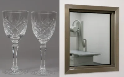 Copas de lujo de cristal plomado junto a una ventana hospitalaria de protección radiológica