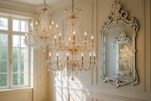 Imagen generada digitalmente que representa un interior elegante con lámparas de araña de cristal y espejo ornamentado