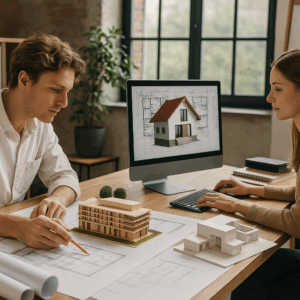Arquitecto y arquitecto técnico trabajando en obra revisando planos y tablet