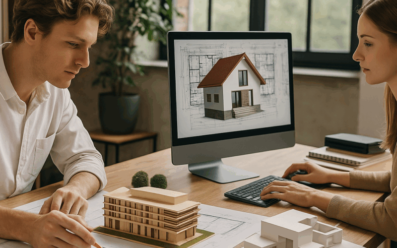 Arquitecto y arquitecto técnico trabajando en obra revisando planos y tablet