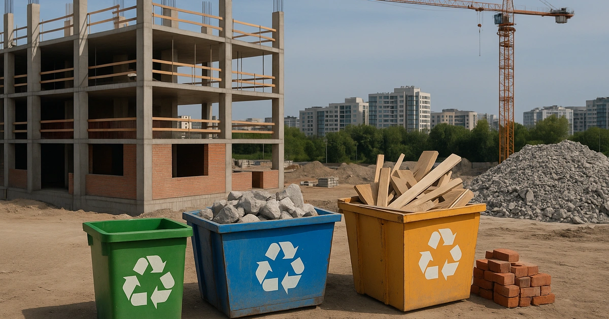 Fotografía realista de obra en construcción con reciclaje de materiales y contenedores separados
