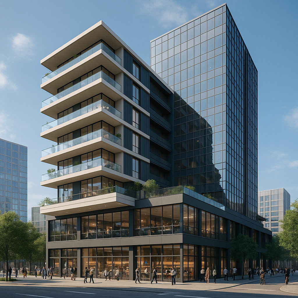 Edificio híbrido moderno con viviendas, oficinas y zonas comerciales