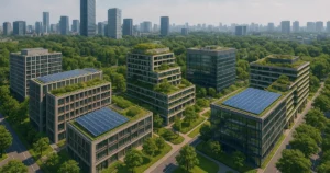 Vista aérea de edificios Net Zero sostenibles con paneles solares y azoteas verdes en una ciudad moderna