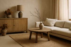 Espacio decorado con estilo Wabi-Sabi con muebles naturales y luz suave