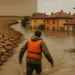 Fotografía realista de extremos climáticos en LATAM con sequía e inundación urbana
