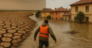 Fotografía realista de extremos climáticos en LATAM con sequía e inundación urbana