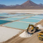 Minería de litio en salar andino con maquinaria y piscinas de evaporación