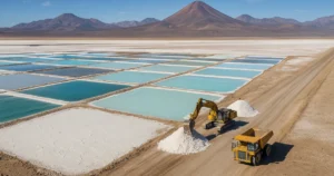 Minería de litio en salar andino con maquinaria y piscinas de evaporación