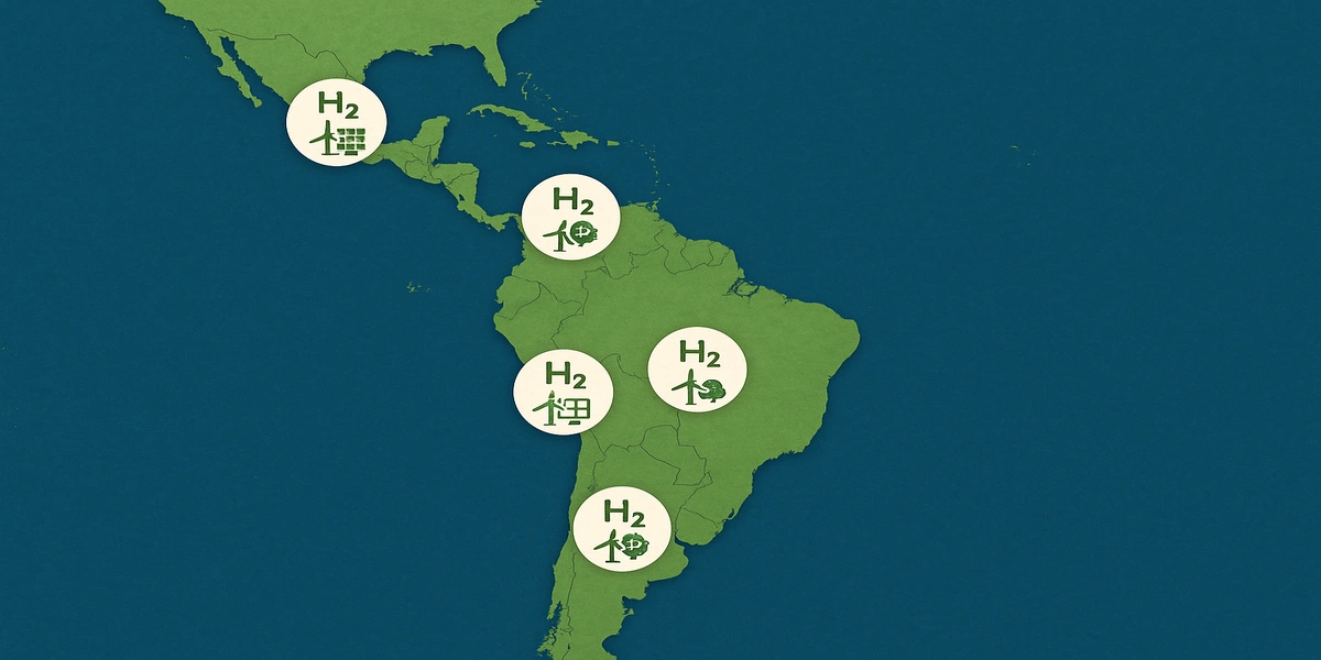 Mapa ilustrativo de Latinoamérica con iconos de proyectos de hidrógeno verde en Chile, Brasil, Argentina, México, Colombia y Uruguay en 2025