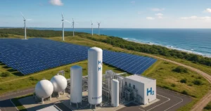 Planta de hidrógeno verde junto a paneles solares y turbinas eólicas en América Latina