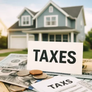 ilustración de una casa con monedas y la palabra "taxes" para representar impuestos en la compra de vivienda