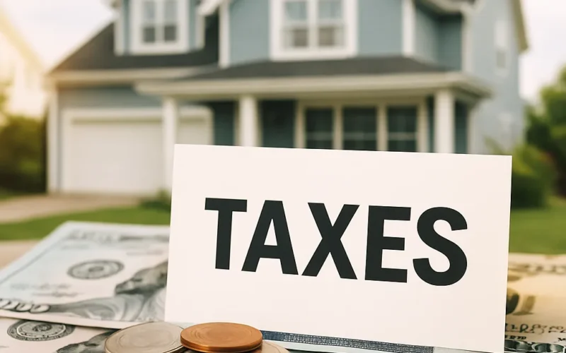ilustración de una casa con monedas y la palabra "taxes" para representar impuestos en la compra de vivienda