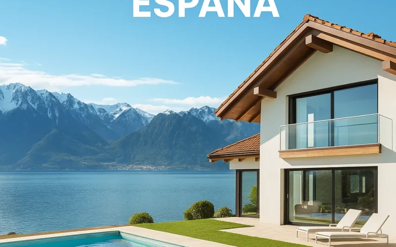 Inversión inmobiliaria en Suiza desde España, casa moderna frente al lago y montañas nevadas