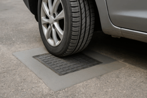 Rueda de coche pasando sobre una arqueta reparada con mortero Mapei SVT