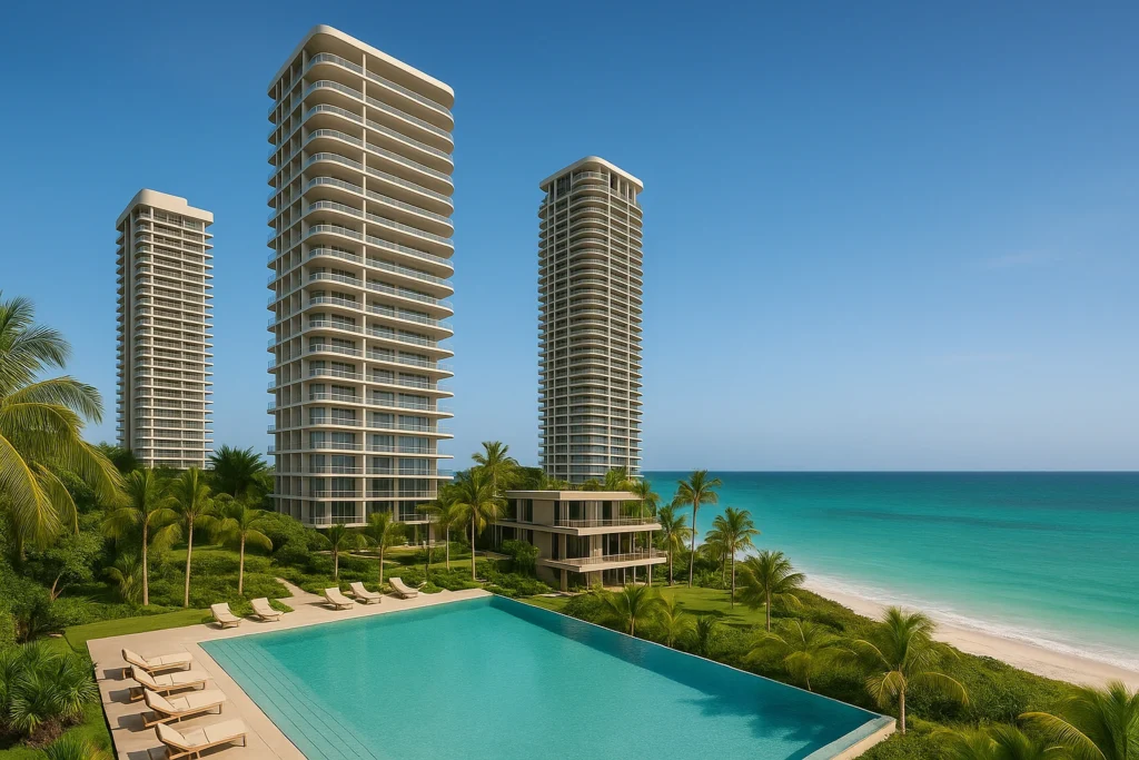 Complejo residencial de lujo frente al mar en Latinoamérica, con torres modernas, piscina infinita y jardines tropicales.