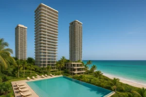 Complejo residencial de lujo frente al mar en Latinoamérica, con torres modernas, piscina infinita y jardines tropicales.
