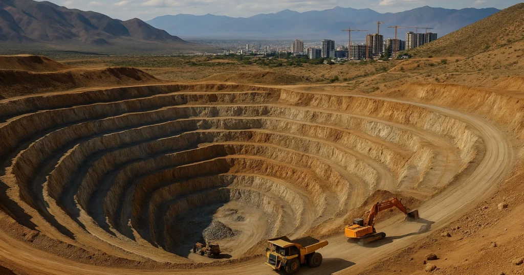 minería en Argentina 2025 en Salta, mina a cielo abierto con maquinaria pesada y montañas al fondo