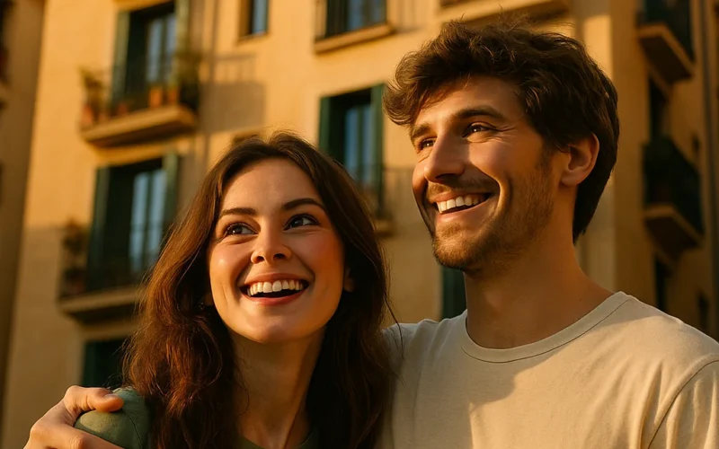 Pareja joven feliz después de recibir el préstamo 20% Generalitat Catalunya para primera vivienda