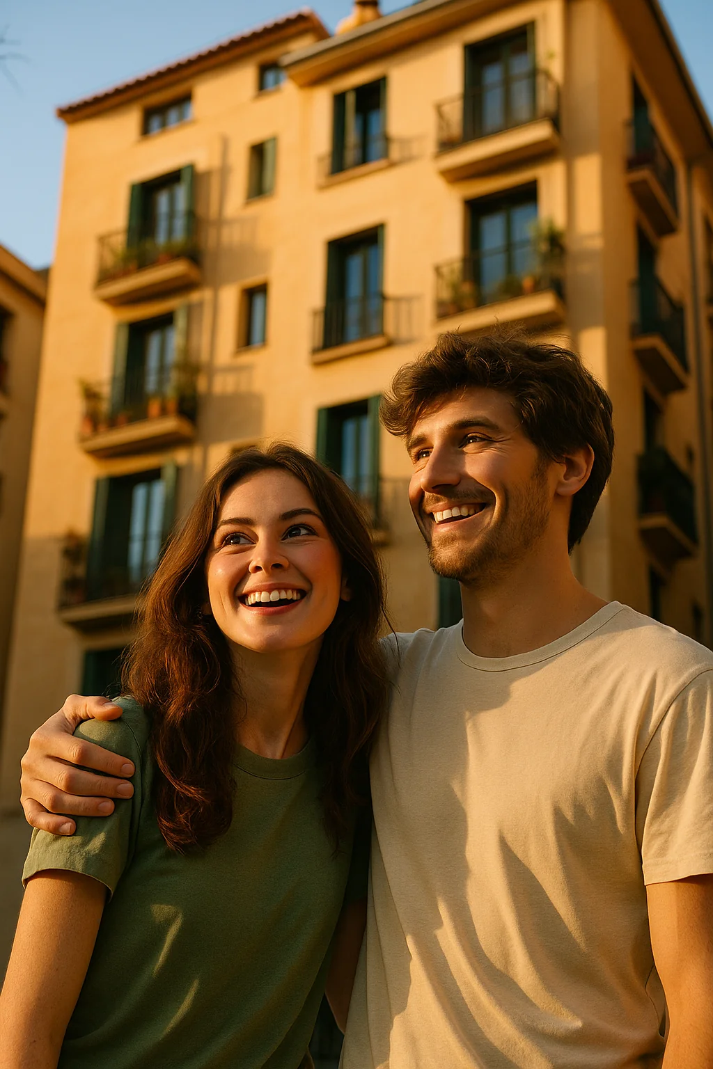 Pareja joven feliz después de recibir el préstamo 20% Generalitat Catalunya para primera vivienda