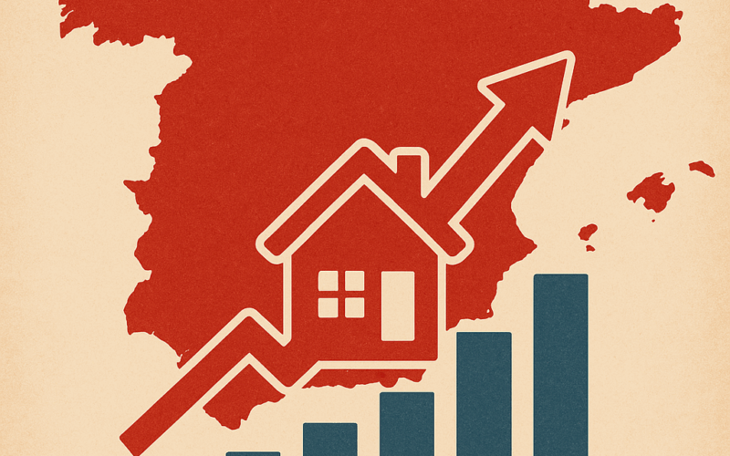 Gráfico ascendente del precio de la vivienda en España sobre mapa nacional, representando previsión 2030