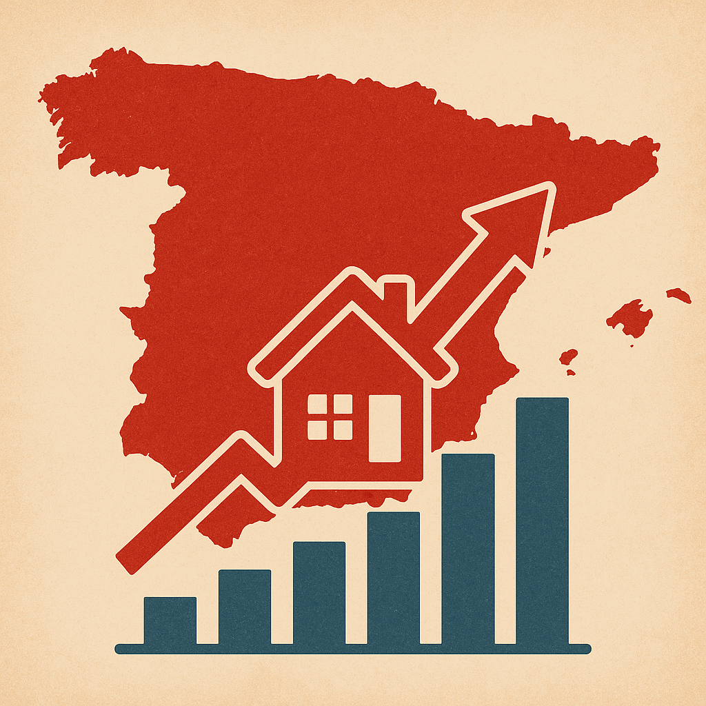 Gráfico ascendente del precio de la vivienda en España sobre mapa nacional, representando previsión 2030