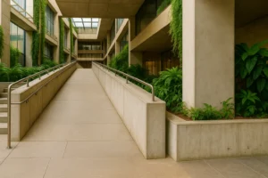 Rampa accesible con barandillas metálicas en la entrada de un edificio moderno con vegetación y luz natural