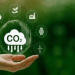 Ilustración del reciclaje de CO₂ en un ecosistema verde y circular