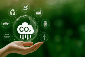 Ilustración del reciclaje de CO₂ en un ecosistema verde y circular