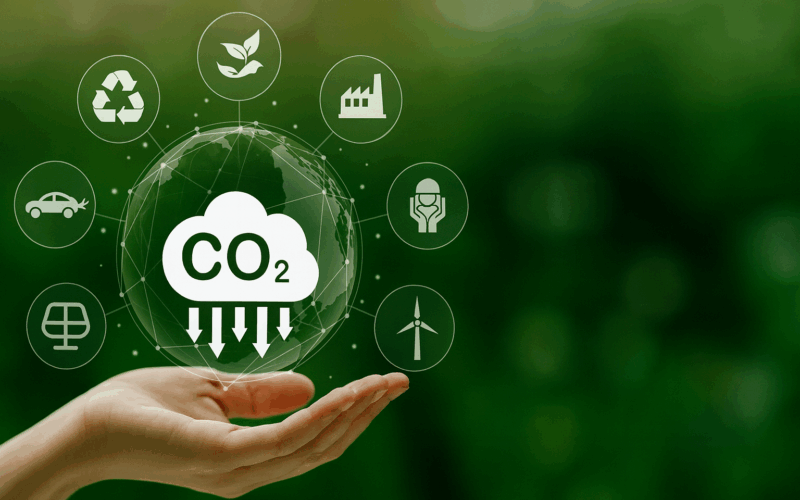 Ilustración del reciclaje de CO₂ en un ecosistema verde y circular
