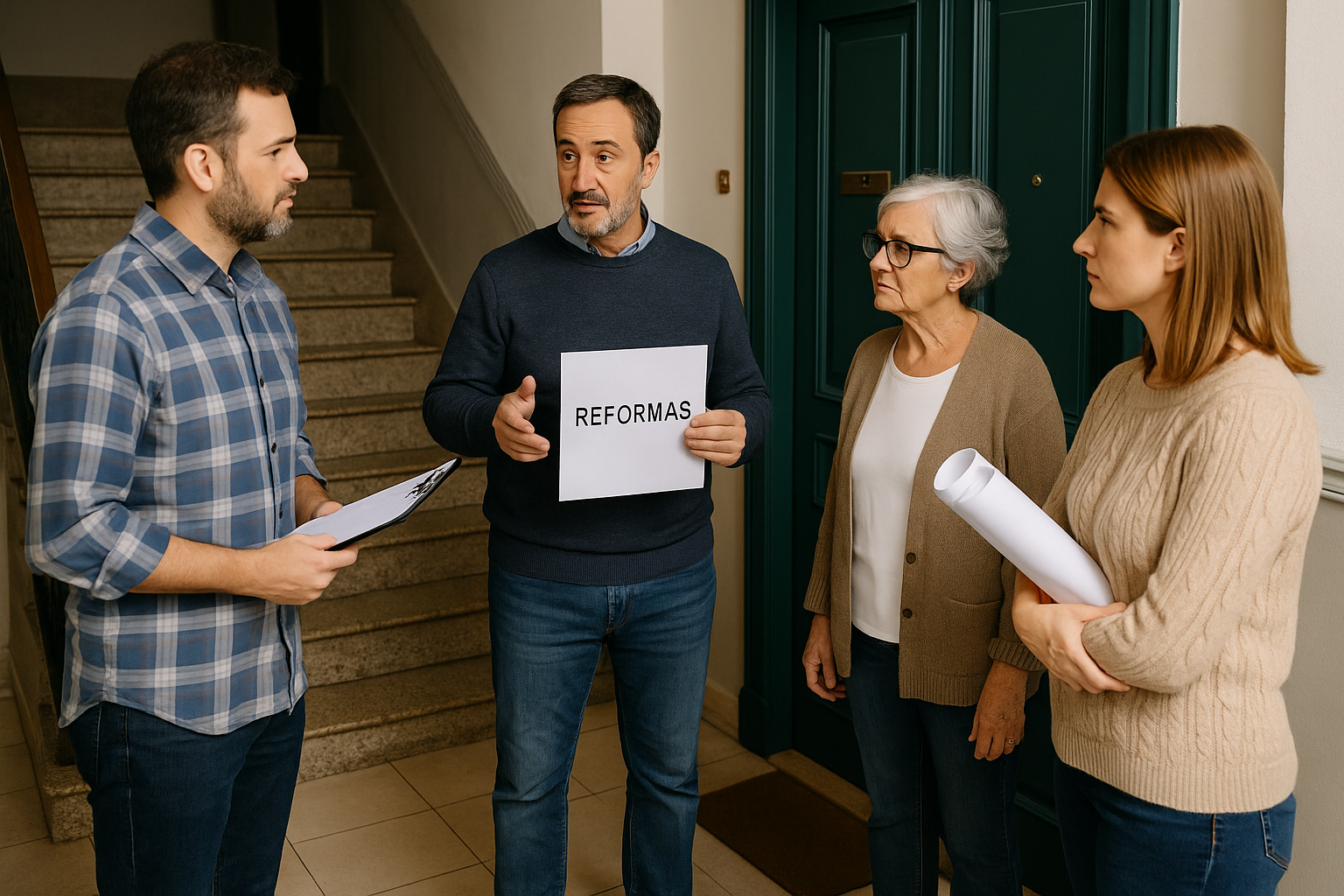 Reformas en comunidades de vecinos durante reunión en portal de edificio