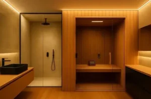 Baño moderno con sauna pequeña de madera y ducha de vidrio transparente, diseño minimalista y sostenible.