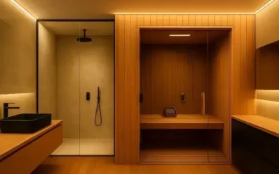 Baño moderno con sauna pequeña de madera y ducha de vidrio transparente, diseño minimalista y sostenible.