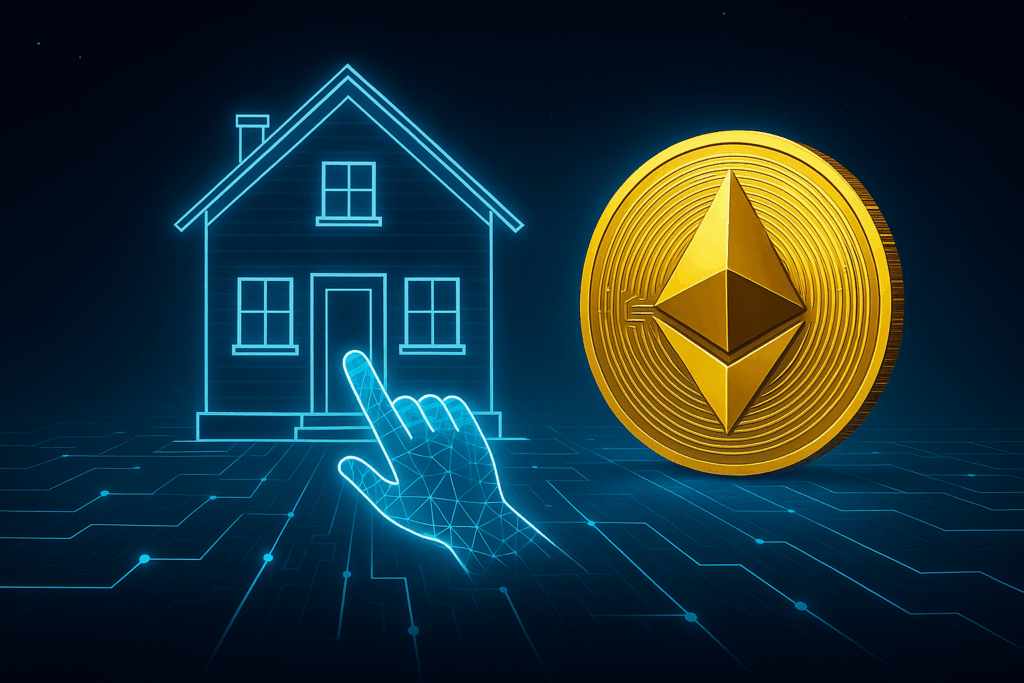 Imagen futurista de smart contracts inmobiliarios en Ethereum para comprar vivienda con un clic