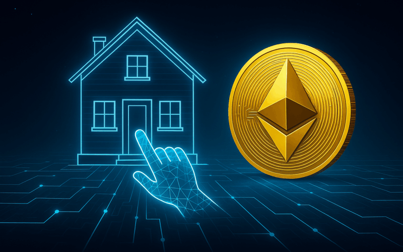 Imagen futurista de smart contracts inmobiliarios en Ethereum para comprar vivienda con un clic