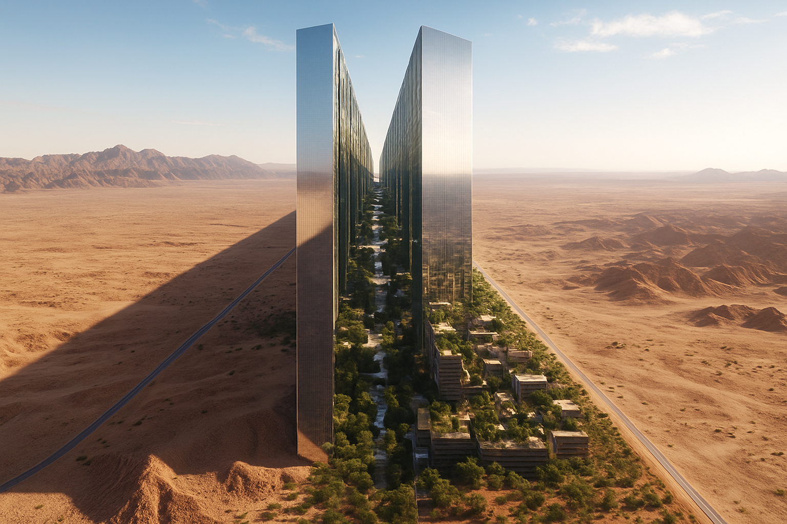 Vista panorámica del proyecto The Line Arabia Saudí 2030 en medio del desierto