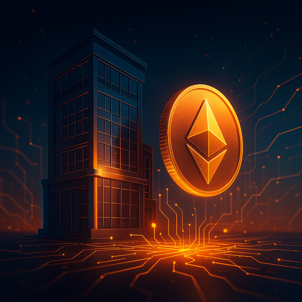 Ilustración conceptual sobre la regulación tokenización inmobiliaria, con edificio, criptomoneda y símbolos legales internacionales