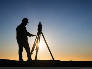 Topógrafo en obra con estación total al amanecer