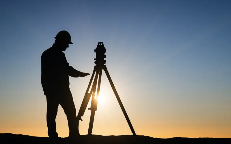 Topógrafo en obra con estación total al amanecer