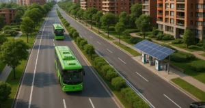 Transporte eléctrico en LATAM: buses eléctricos en ciudad verde con electrolineras solares