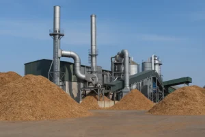 Planta de biomasa industrial con montones de astillas de madera en primer plano