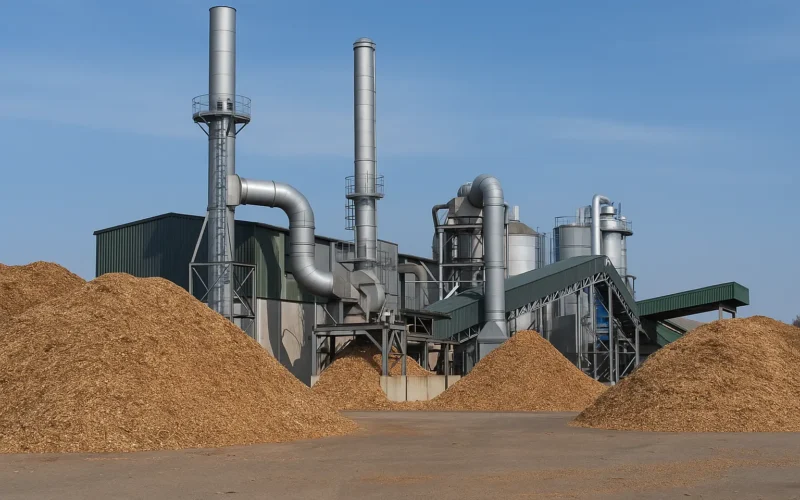 Planta de biomasa industrial con montones de astillas de madera en primer plano