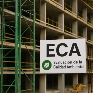 Cartel de Evaluación de la Calidad Ambiental (ECA) frente a un edificio en construcción sostenible.