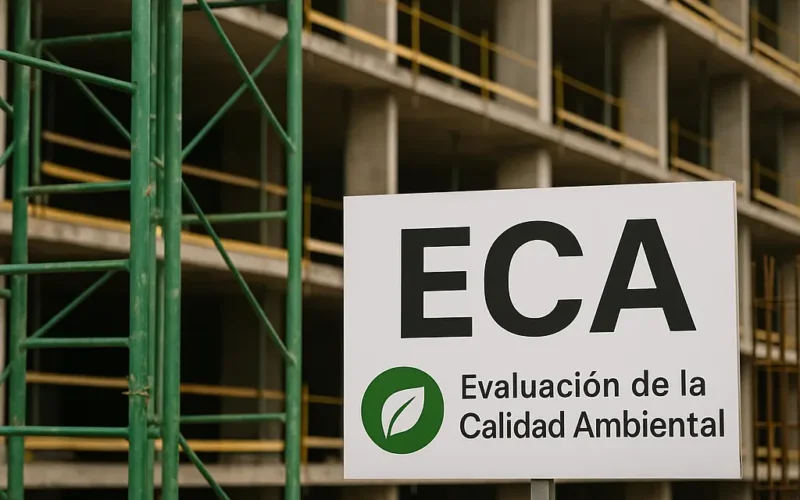 Cartel de Evaluación de la Calidad Ambiental (ECA) frente a un edificio en construcción sostenible.