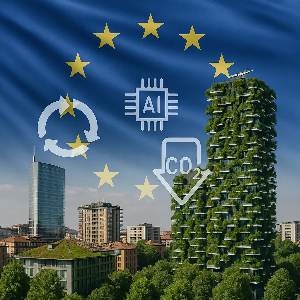 Ciudad verde y sostenible en Europa con rascacielos con jardines verticales, bandera europea y símbolos de economía circular, IA y reducción de CO₂