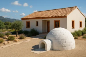 Vivienda mediterránea sostenible con un iglú simbólico en el jardín como inspiración arquitectónica.