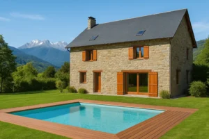 Casa unifamiliar de piedra con tejado de pizarra, ventanas de madera y piscina con tarima en un entorno montañoso.