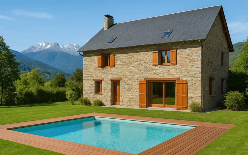 Casa unifamiliar de piedra con tejado de pizarra, ventanas de madera y piscina con tarima en un entorno montañoso.