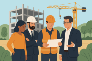 Representación de los agentes en una construcción según la LOE en España: promotor, proyectista, constructor y dirección facultativa