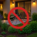 Jardín con lavanda, geranios y citronela, señal de prohibido con mosquito tigre, iluminación LED cálida, mosquitera motorizada en la terraza y difusor inteligente funcionando